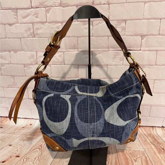 Coach Denim & Tan Shoulder Hobo Bag Y2K Vintage 2000's Styling Braided Leather