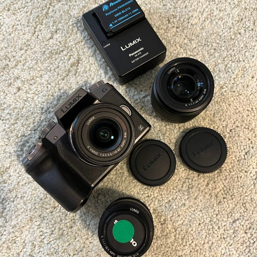 🍇 ₊˚💜 Panasonic Lumix G7 Mirrorless Camera with Lenses (Silver and Black) 🍥 🎀📷