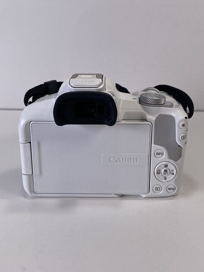 White Canon EOS R50 4K Video Mirrorless Camera with RF-S 18-45mm f/4.5-6.3
